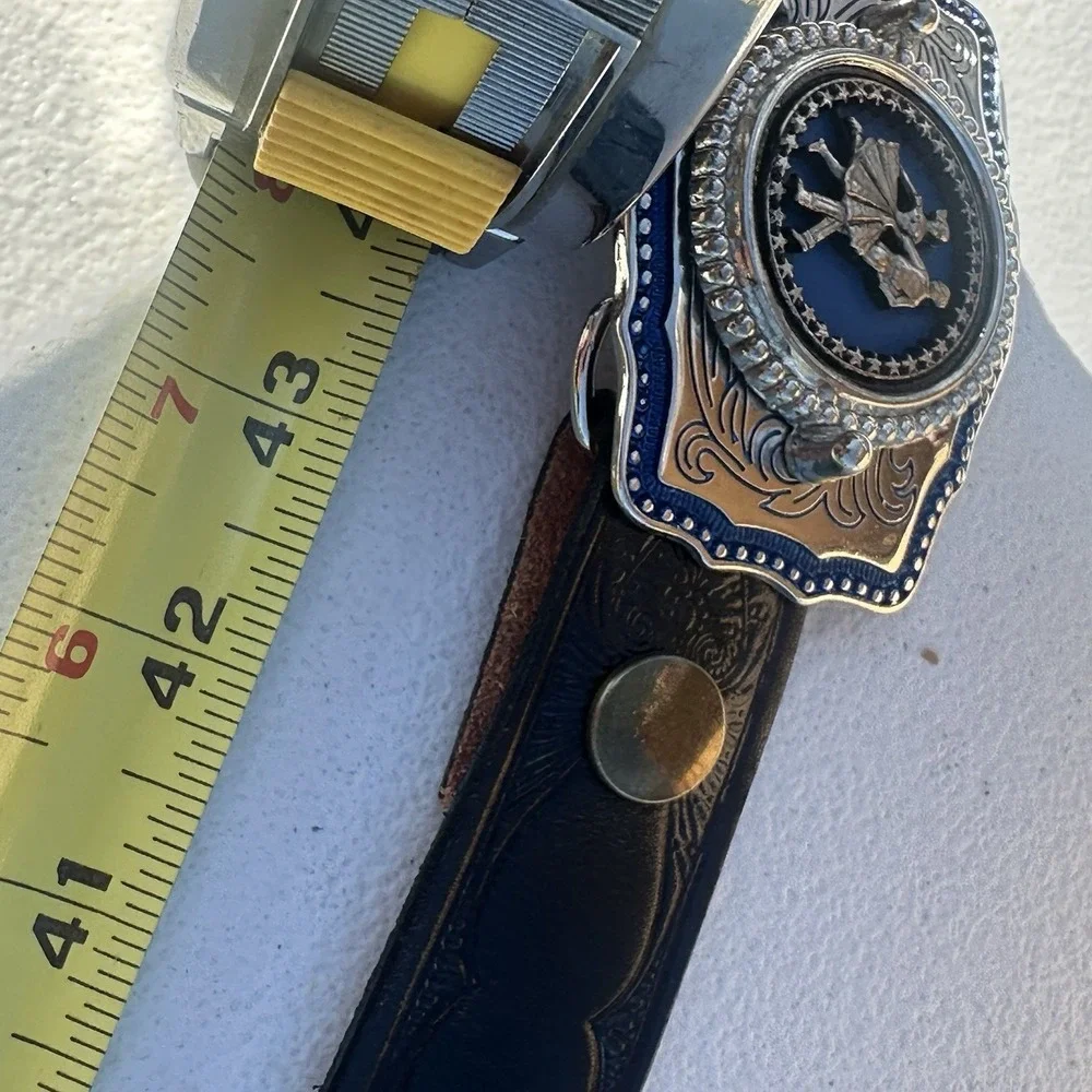 VTG Square Dancing Belt Buckle And Leather Black Belt Silver toned‎ And Blue USA